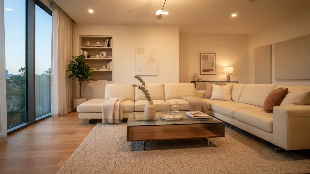 A quiet modern private lounge room with a leather sofa, low table, and warm ambient ceiling lights