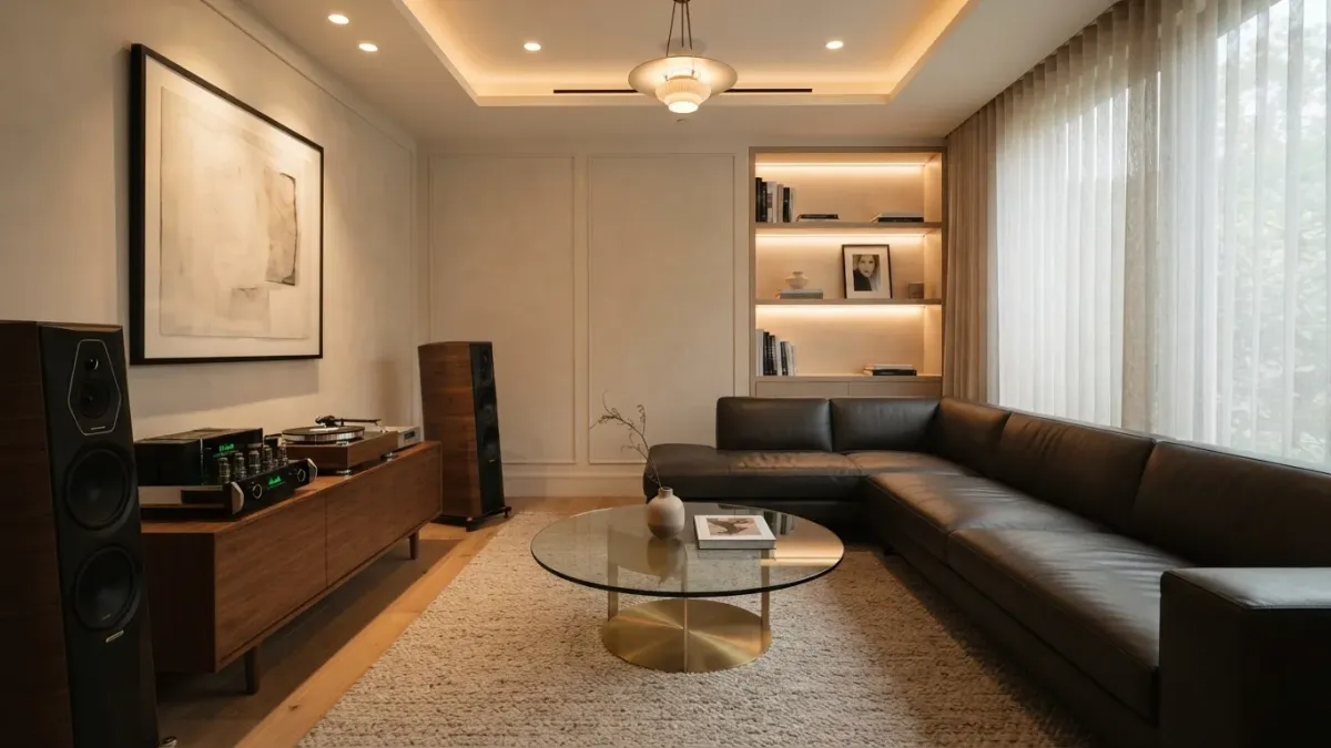 A quiet private lounge room with a leather sofa, glass table, warm ambient lighting, and high-end audio setup